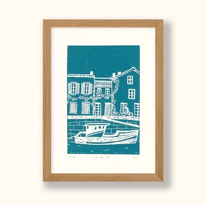 L'Ile de Ré - Impresión linográfica original - Arte mural de decoración de viaje, edición limitada, grabado e impreso a mano, tamaño A5