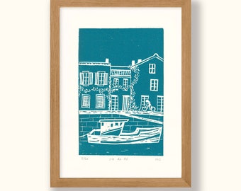 L'Ile de Ré - Original Linocut Print - Travel Decor wall art, limited edition, hand engraved and hand printed, A5