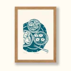 Dim Sum Original Linocut Print Hong Kong Travel Food wall art, limited edition, hand engraved and hand printed, A5 image 1