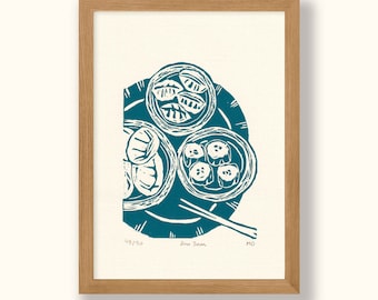 Dim Sum - Original Linocut Print - Hong Kong Travel - Food wall art, limited edition, hand engraved and hand printed, A5