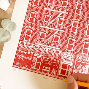 Gourmet Deli - Originele linosnede - NYC Travel Decor muurkunst, limited edition, handgegraveerd en met de hand gedrukt, 11 x 14 inch