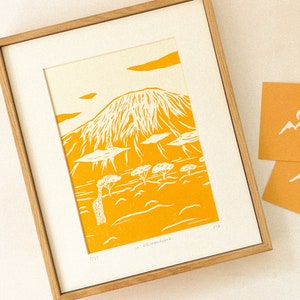Kilimandjaro - Original Linocut Print - Travel & Mountain Decor wall art, limited edition, hand engraved and hand printed, A4