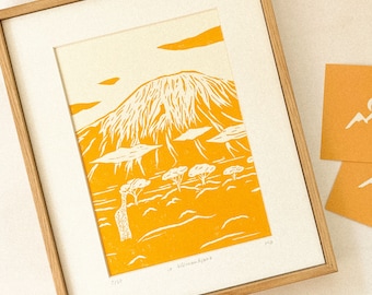 Kilimandjaro - Original Linocut Print - Travel & Mountain Decor wall art, limited edition, hand engraved and hand printed, A4