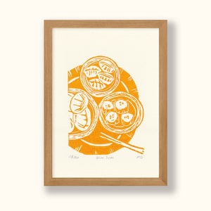 Dim Sum Original Linocut Print Hong Kong Travel Food wall art, limited edition, hand engraved and hand printed, A5 image 7