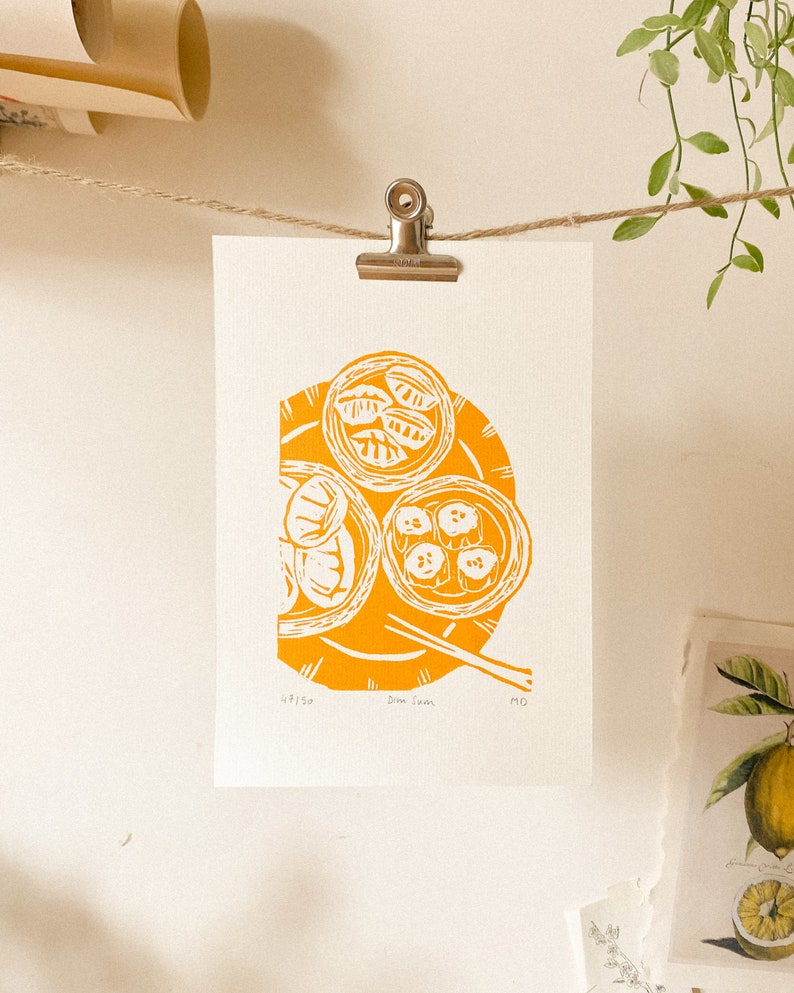 Dim Sum Original Linocut Print Hong Kong Travel Food wall art, limited edition, hand engraved and hand printed, A5 Yellow