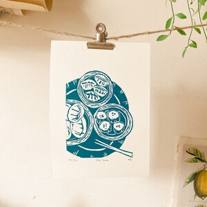 Dim Sum Original Linocut Print Hong Kong Travel Food wall art, limited edition, hand engraved and hand printed, A5 Blue