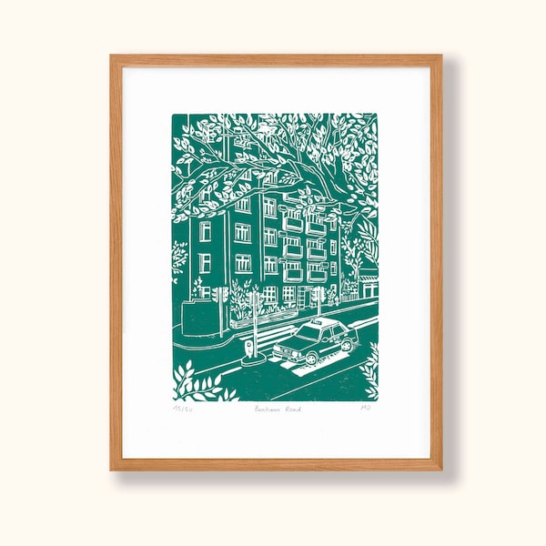 Bonham Road Linocut Print – Hong Kong Street Scene Wall Art