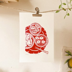 Dim Sum Original Linocut Print Hong Kong Travel Food wall art, limited edition, hand engraved and hand printed, A5 Red