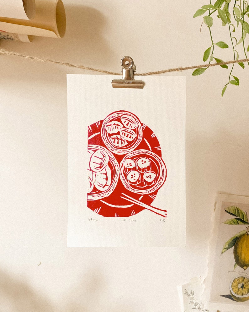 Dim Sum Original Linocut Print Hong Kong Travel Food wall art, limited edition, hand engraved and hand printed, A5 Red