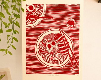 Tonkotsu Ramen - Original Linocut Print - Limited Edition - Wall art A4
