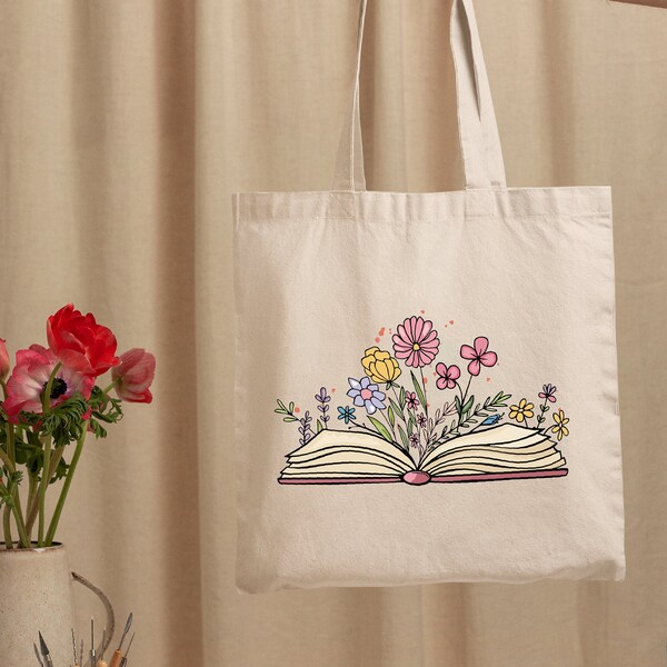 Floral Book Tote Bag, Gift For Book Lovers, Cute Flower Tote Bag, Teachers Gift, Bookworm Gift,  Librarian Gift, Wild Flowers Tote Bag