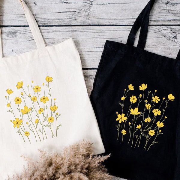 Daisy Flower Tote Bag,Yellow Floral Art Shoulder Tote Bag,Aesthetic Wildflower Tote Bag,Women Gift Bag,Gift for School Girl,Teacher Tote Bag