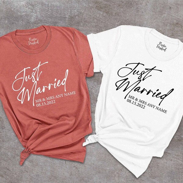 Personalized Just Married Shirts, Husband Wife Couples Honeymoon Tshirt,Mr and Mrs Custom Name & Date Matching Tee,Wedding Anniversary Shirt