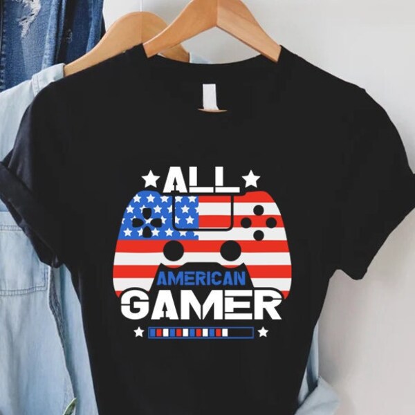 Kids 4th of July Shirt, All American Gamer,4th of July Boys Outfit, Gamer Gifts for Patriotic Dad, American Flag Shirt,Independence Day Gift