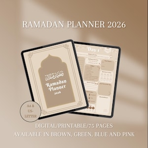 Könnte beinhalten: Zwei digitale Ramadan-Planer für 2026, einer davon auf Tag 1 geöffnet. Das Cover zeigt ein beiges Bogendesign mit arabischer Schrift und den Worten "Ramadan Planner 2026". Der Text "DIGITAL/PRINTABLE/75 PAGES" und Farboptionen sind ebenfalls sichtbar.