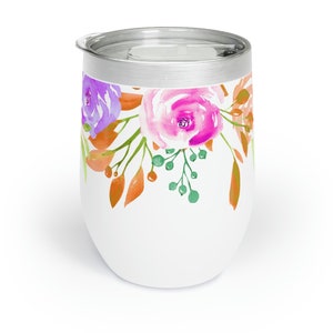 Watercolor Floral Wine Tumbler • Stainless Steel Insulated Stemless Wine Glass • Summer Flowers Wraparound Design • 12oz with Lid