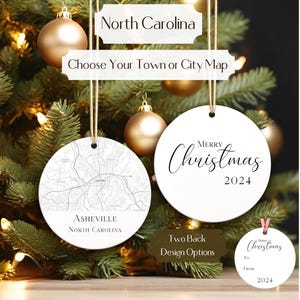 North Carolina Ornament, Choose Town, City or State • Custom USA Map Christmas Ornament • Two Sided Round Aluminum • Travel Decor Gift
