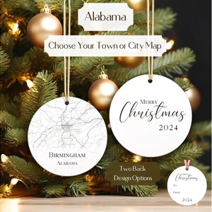 Alabama Ornament, Choose Town, City, or State • Custom USA Map Christmas Ornament • Two Sided Round Aluminum • Travel Decor Gift