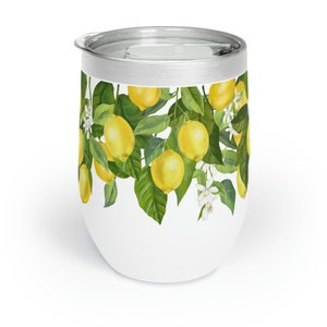 Floral Lemon Wine Tumbler • 12oz Stainless Steel Stemless Wine Glass w/ Lid • Summer Gift for Her • Double Wall Insulated Wraparound Design