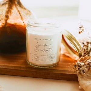 Fresh Lavender Eucalyptus Scented Candle • Cozy Herbal Home Fragrance • Hostess Gift Idea • 9oz Coconut Soy Wax Candle in Jar w/ Gold Lid