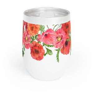 Watercolor Poppies Wine Tumbler • Wraparound Poppy Flower Design • Double Wall Insulated Stemless Wine Glass • 12oz with Vacuum Lid