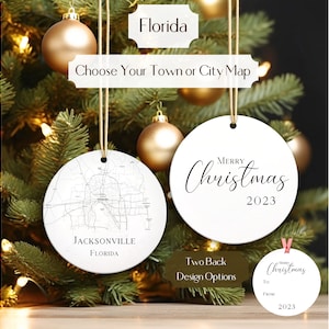 Florida Ornament, Choose Town, City, or State • Custom USA Map Christmas Ornament • Two Sided Round Thin Aluminum • Zip Code Decor Gift