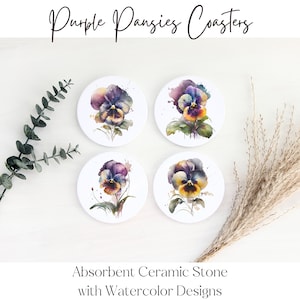 Floral Ceramic Stone Coaster Set • Pansy Flower Drink Coasters • Housewarming Gift Idea • Gift for Gardener • 4.25” Absorbent Coasters