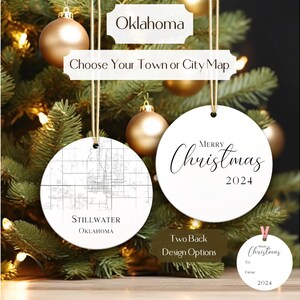 Oklahoma State, Choose Town or City • Custom USA Map Christmas Ornament • Two Sided Round Aluminum • Travel Gift Ornament