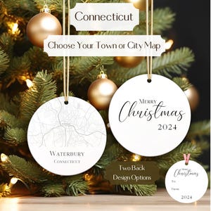 Connecticut Ornament, Choose Town, City or State • Custom USA Map Christmas Ornament • Two Sided Round Aluminum • Travel Xmas Decor Gift