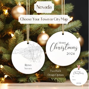 Nevada Ornament, Choose Town, City, or State • Custom USA Map Christmas Ornament • Two Sided Round Aluminum • Zip Code Decor Gift