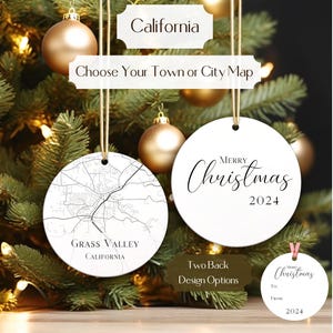 California Ornament, Choose Town, City, or State • USA Map Christmas Ornament • Two Sided Round Aluminum • Travel Gift Ornament