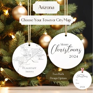 Arizona Ornament, Choose Town, City or State • USA Map Christmas Ornament • Two Sided Round Aluminum • Travel Gift Ornament