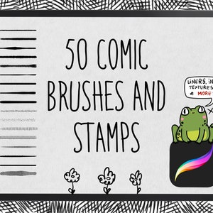 May include: A digital tablet screen displaying a graphic design advertisement for 50 comic brushes and stamps. The text "50 Comic Brushes and Stamps" is in black and white. A green frog with a speech bubble that says "Liners, Inks, Textures & More!" is in the upper right corner of the screen. Three black and white flower illustrations are at the bottom of the screen.