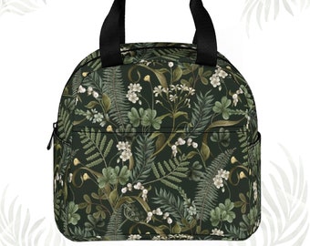 Ferns And White Flowers Lunch Bag • Forest Insulated Lunch Bag • Cottagecore Zipper Lunch Tote • Botanical Waterproof Lunch Box Bag