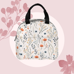 Sac à lunch à motif floral • Sac à lunch à fermeture éclair personnalisé • Cabas à lunch botanique réutilisable • Sac à lunch imperméable à fleurs pour l'école/le travail/le pique-nique