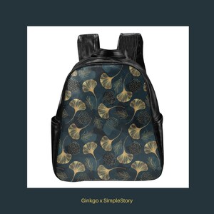 Goldener Ginkgo-Blatt-Lederrucksack • Biloba Vegane Ledertasche • Blumen-Laptoptasche • Botanische Tagestasche mit mehreren Taschen • Rucksack für Sie