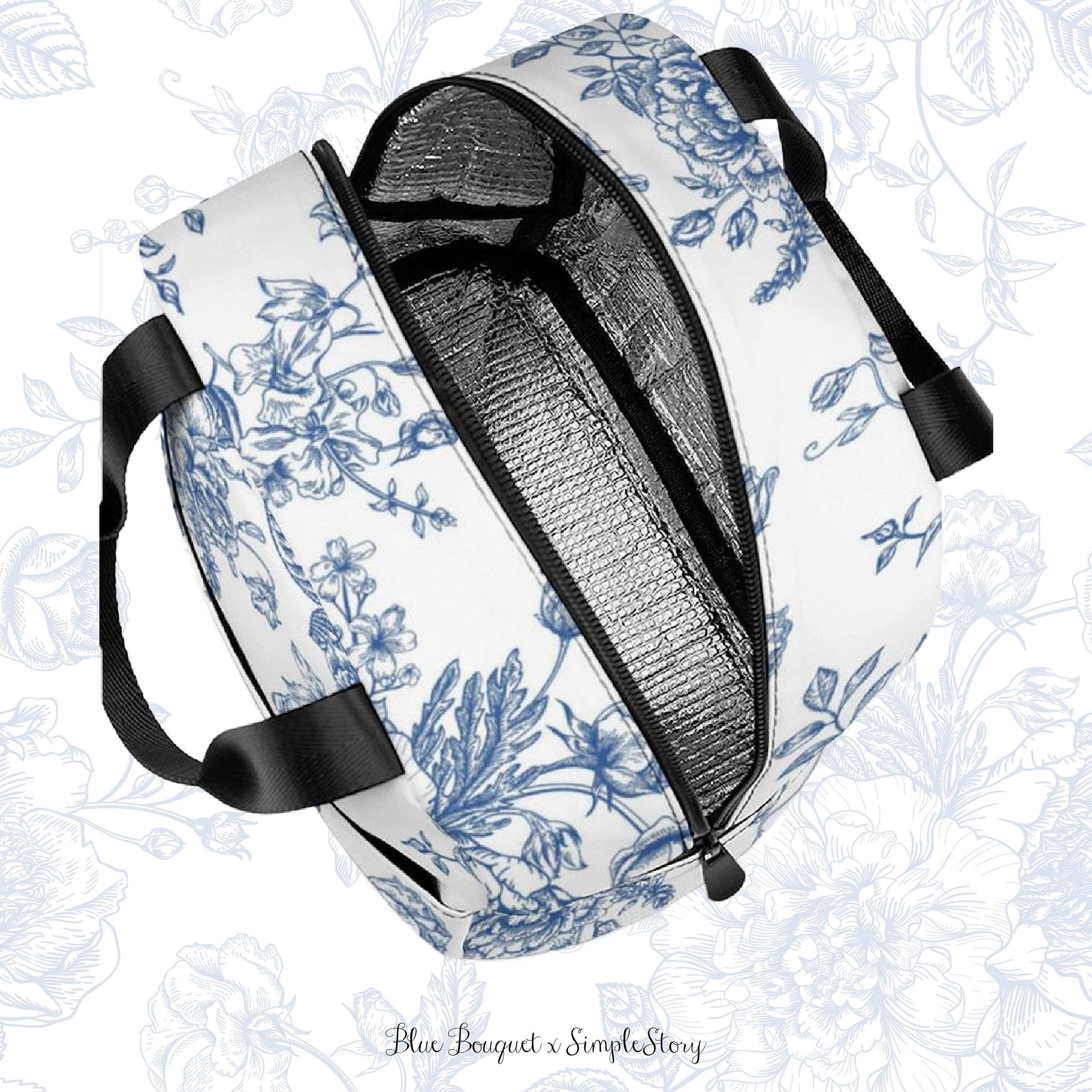 Blue Bouquet Pattern Lunch Bag Vintage Floral Insulated Lunch Bag Monochrome Flowers Zipper ...