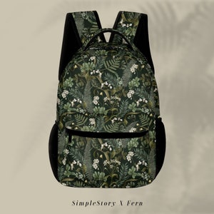 Sac à dos fougères et fleurs blanches • Sac à dos imprimé forêt • Sac pour ordinateur portable Cottagecore • Cartable personnalisé • Sac botanique quotidien • Sac pour tout
