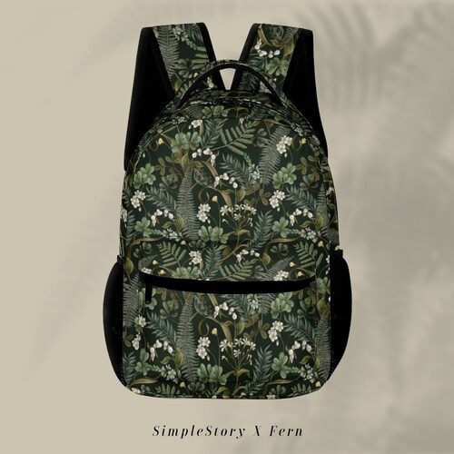 Ferns and White Flowers Backpack • Forest Print Bookbag  display picture 1