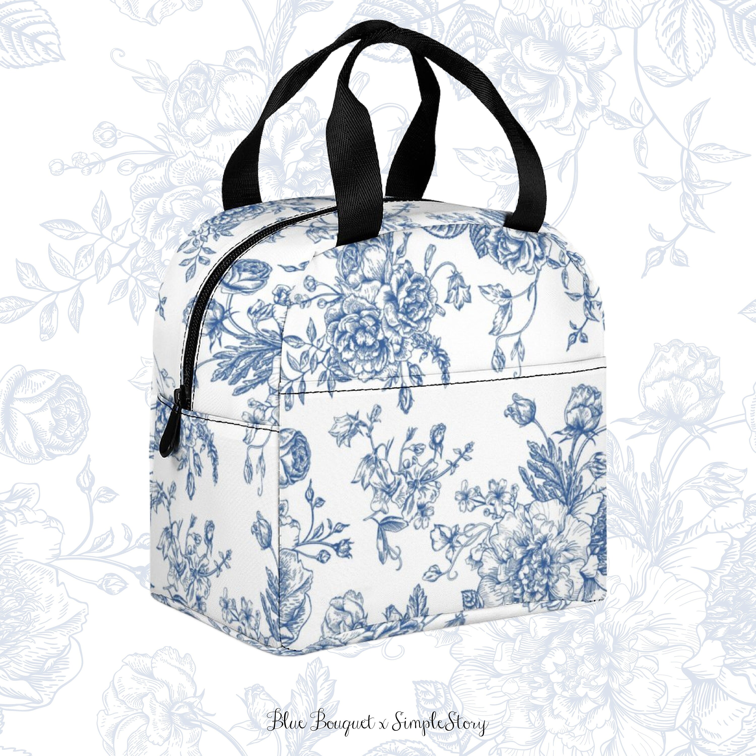 Blue Bouquet Pattern Lunch Bag Vintage Floral Insulated Lunch Bag Monochrome Flowers Zipper ...