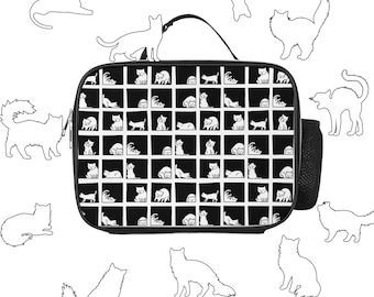 Cat Lunch Bag • Black And White Cartoon Cat Print Lunch Tote • Reusable Zipper Lunchbox Bag With Handle • Gift For Cat Lovers