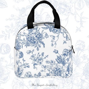 Blauer Blumenstrauß Muster Lunch Bag • Vintage Floral Lunch Tasche • Monochrome Blumen Reißverschluss Lunch Bag • Wasserdichte Lunch Box Tasche