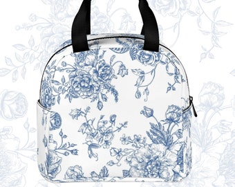 Blue Bouquet Pattern Lunch Bag • Vintage Floral Insulated Lunch Bag • Monochrome Flowers Zipper Lunch Tote • Waterproof Lunch Box Bag
