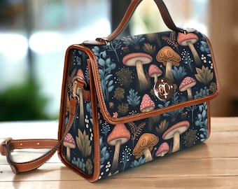 Mystical Forest Canvas Satchel Bag • Cottagecore Mushroom Vegan Strap HandBag • Women Crossed Body Purse • Boho Botanical Shoulder Bag