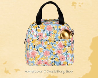 Watercolor Floral Lunch Bag • Custom Zipper Lunch Bag • Botanical Reusable Lunch Tote • Flowers Waterproof Lunch Bag for School/Work/Picnic