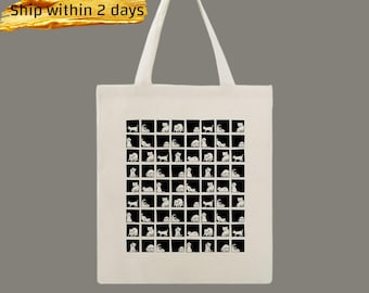 Cat Canvas Tote Bag • Black And White Cartoon Cat Print Top Handle Bag • Cat Poses Reusable Shoulder Bag • Gift For Cat Lovers