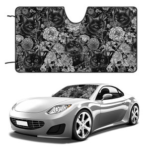 Schwarze Katzen in einem Blumen-Garten-Auto-Windschutzscheiben-Sonnenschutz • Schwarzweiss-Auto-Sonnenschutz • Personalisierter faltbarer Autosonnenschutz • Neue Auto-Geschenke