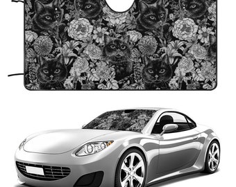 Black Cats In A Flowers Garden Car Windshield Sunshade • Black And White Auto Sun Shade • Personalized Foldable car sunshade • New Car Gifts