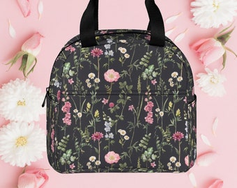 Wild Floral Pattern Insulated Lunch Bag • Custom Zipper Bag • Botanical Reusable Lunch Tote • Flowers Lunch Bag for School/Work/Picnic