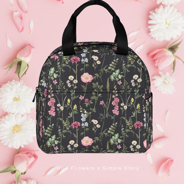 Isolierte Lunchtasche mit wildem Blumenmuster • Individuelle Reißverschlusstasche • Wiederverwendbare Lunchtasche mit Botanik • Blumen-Lunchtasche für Schule/Arbeit/Picknick